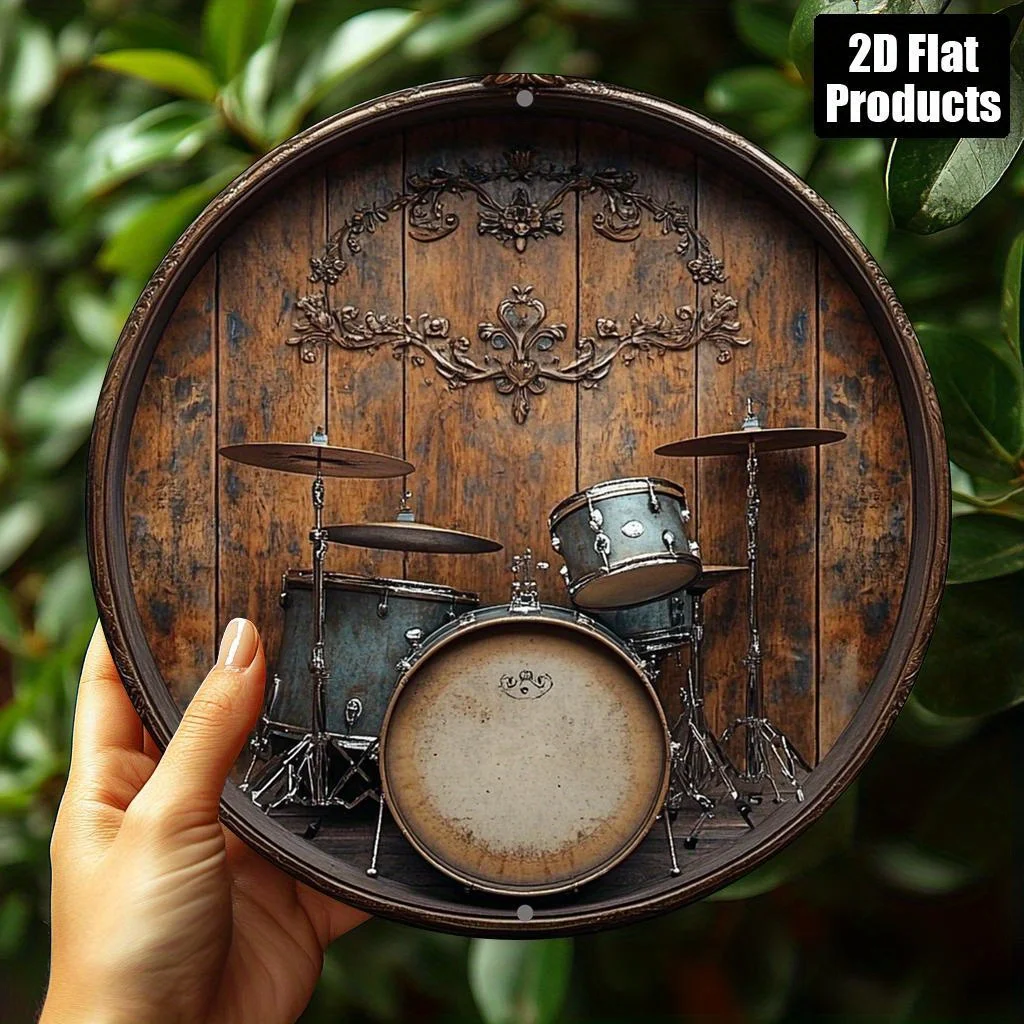 2D Flat, 2D Flat Plane, 1pc Vintage Drum Set Metal Wall Art - Nostalgic Drum Machine Decoration with Drum Set, High-Quality and