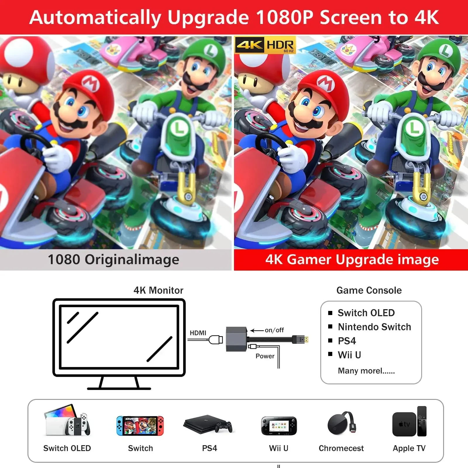 Game Console 4k Upscaler,Upgrade Your Graphics Card in Real Time with No Lag,for Nintendo Switch,Wii, DreamCast,Xbox,Playstation