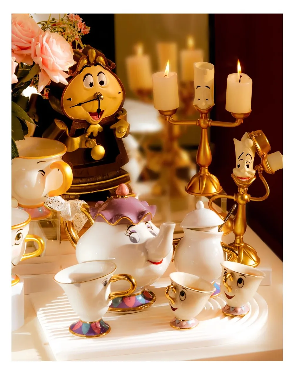 

New Recommendation Disney Beauty and the Beast Teapot Mrs Cogsworth Table Clock Lumiere Candlestick Mrs.Potts Cup Mup