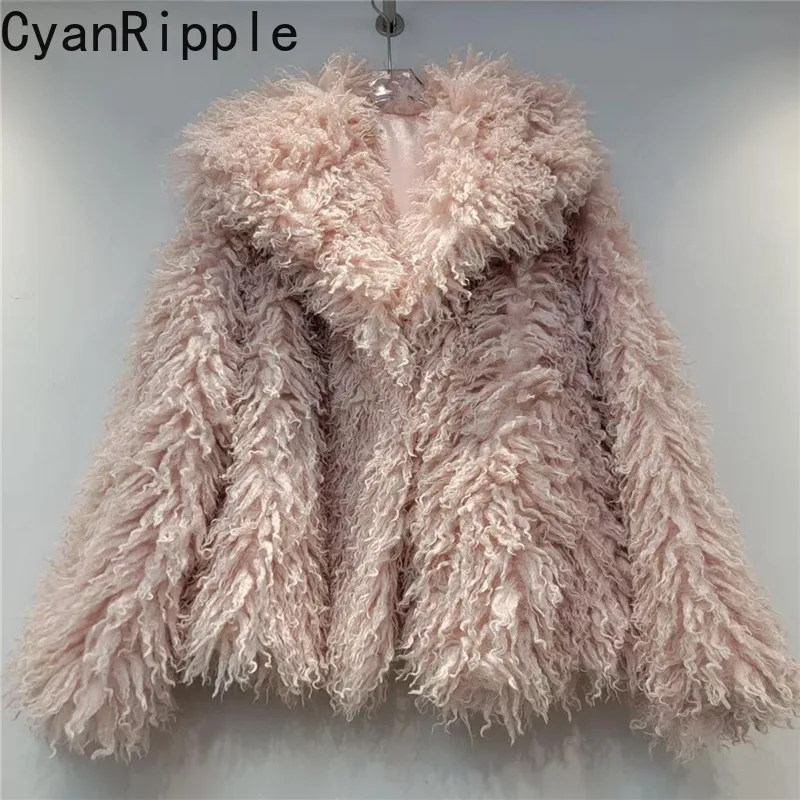 Korea All-match Autumn Winter Women Pink Large Turn-down Collar Fluffy Coat Full Sleeve Curled Wool Imitating Faux Fur Jacket