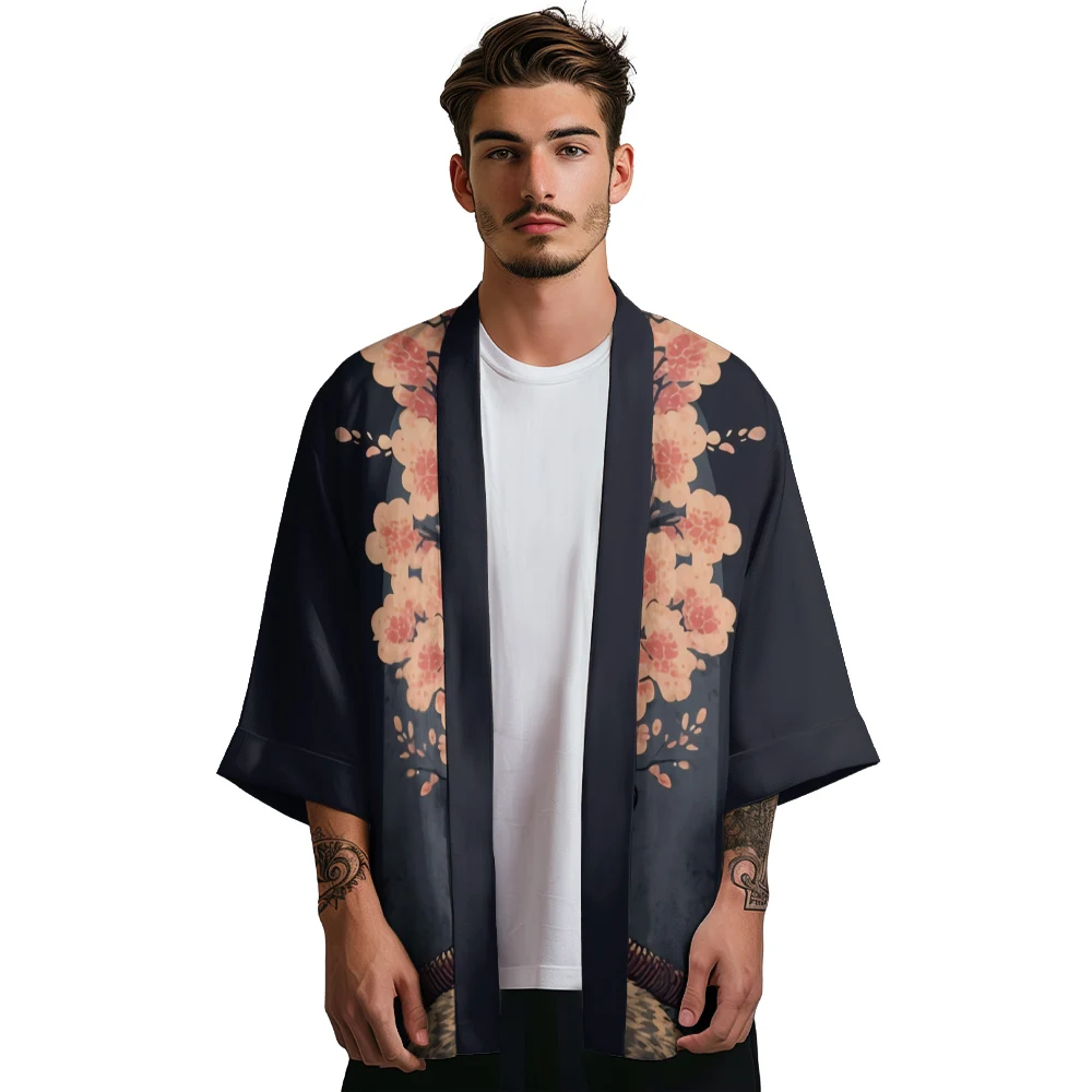 Summer Samurai Kimono Men Fashion Hawaiian Shirt Women Beach Cardigan Lucky Cat Kimono Japanese Clothes Bathrobes Haori Yukata