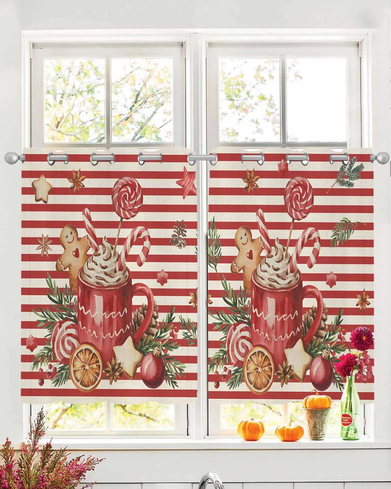 

2pcs Tulle Window Curtains Christmas Gingerbread Cappuccino Stripes for Living Room Bedroom Chiffon Sheer Voile Window Curtain
