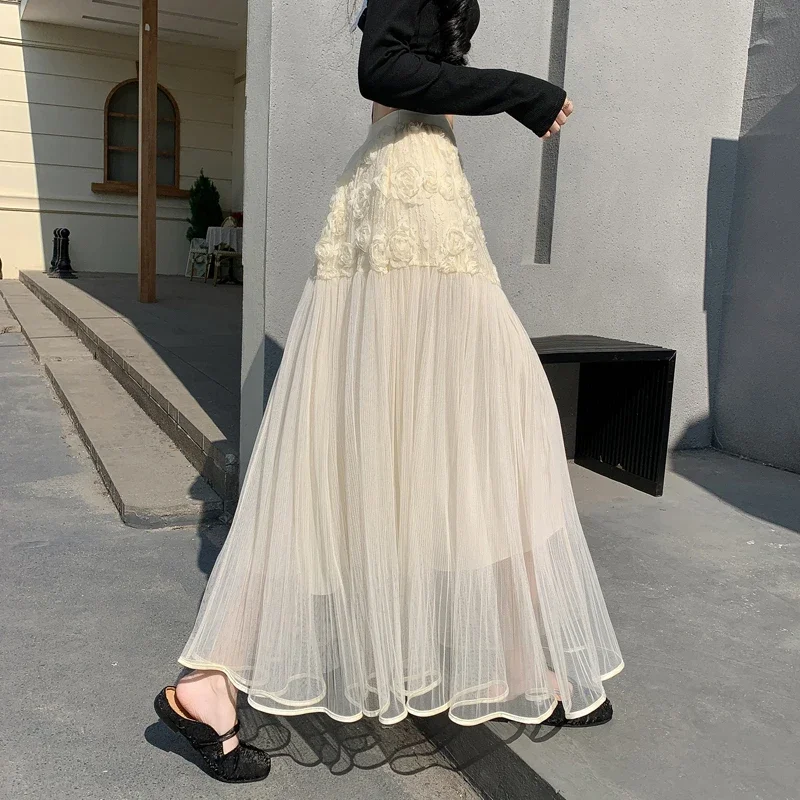 Apricot Tiered Midi Skirt Spring Summer 2026, Elegant Sweet Floral Mesh Skirts for Women, Fashion Sheer High Waist A-Line Skirt