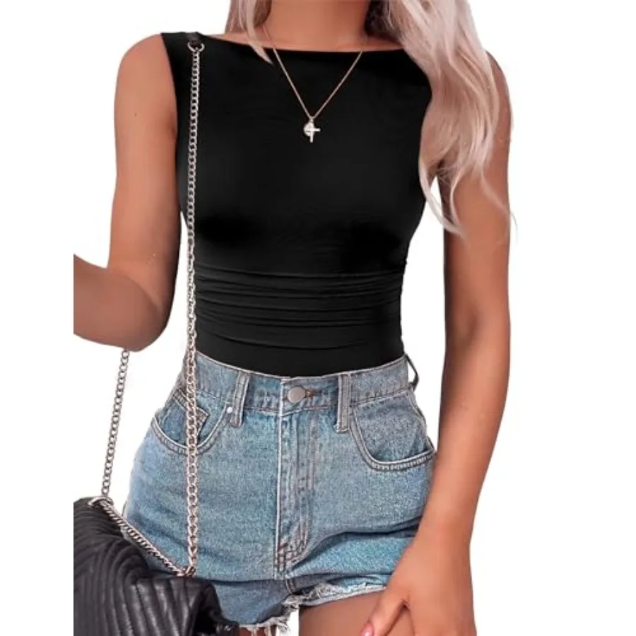 

SAUNGKUAI Women's Sleeveless Shirts Mesh Ruched Bodysuit Double Lined Boat Neck Body Suits Going Out Tops Date Outfits