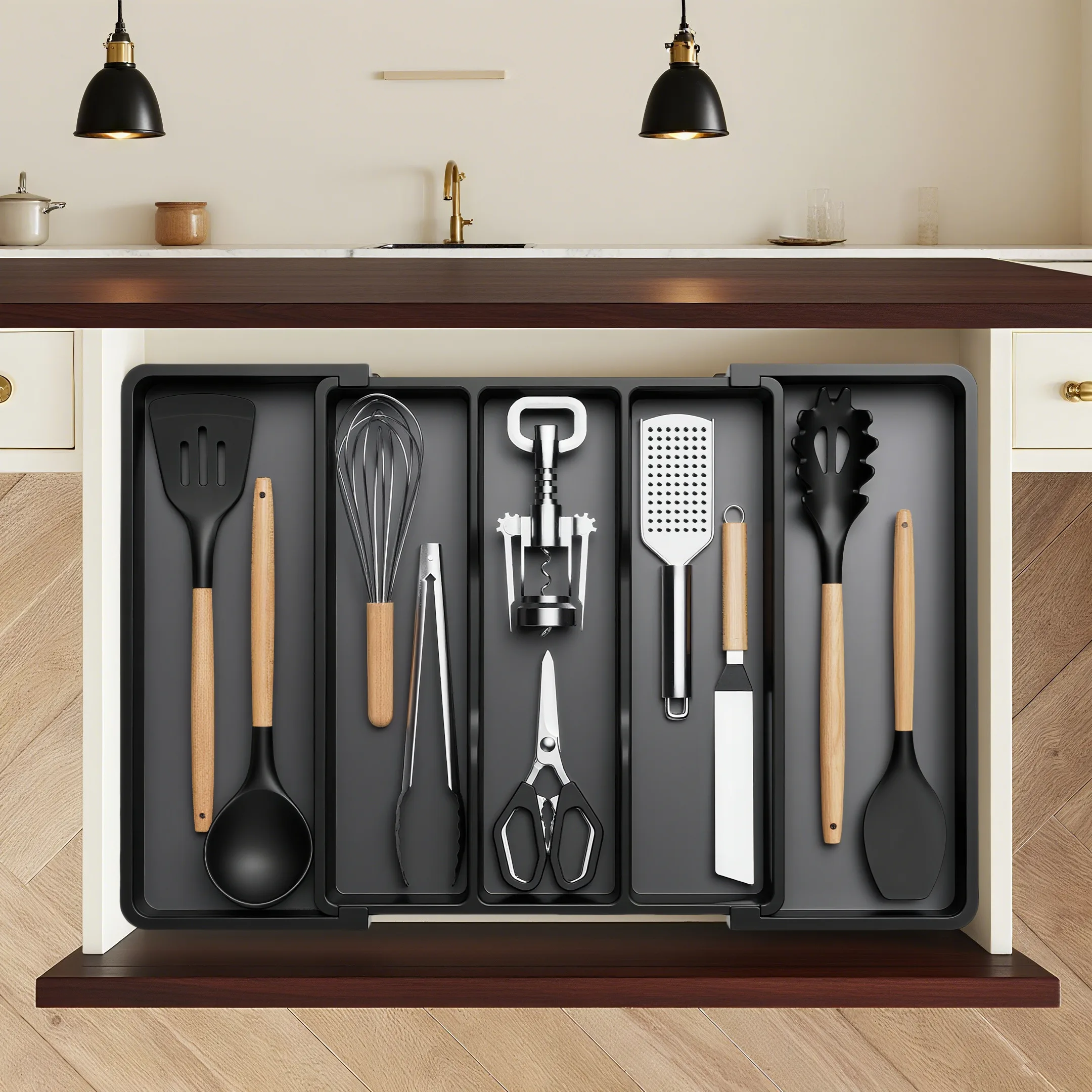 

Кухонный органайзер, расширяемый ящик для хранения посуды, разделенный эльф, прямоугольный полипропиленовый пластик, без крышки, 5 автомобилей