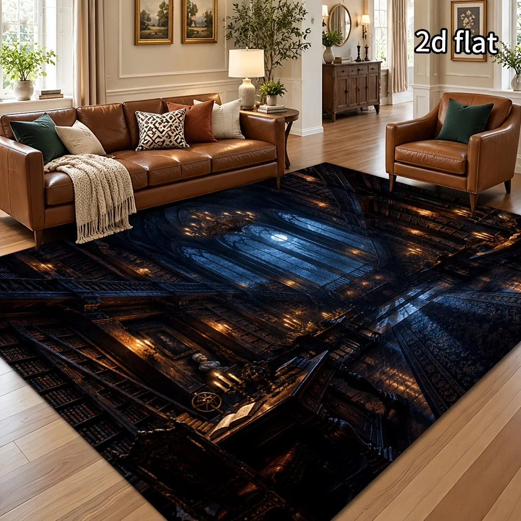 1pc Vintage Dark Gothic Area Rug, Ancient Castle Dome & Candelabra Pattern, Machine Washable, Non-Slip, for Living Room