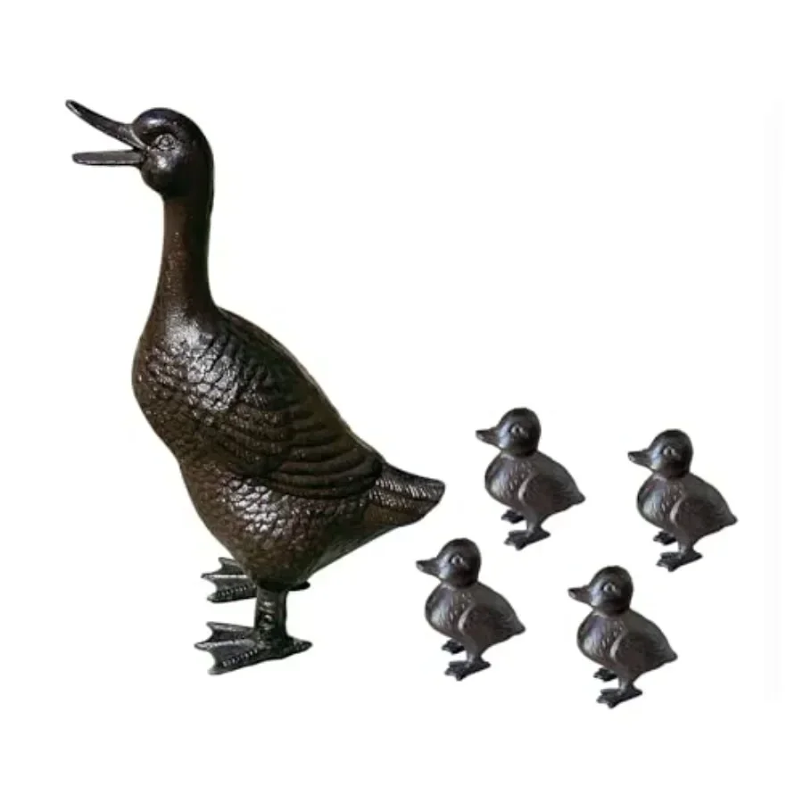 Vintage cast iron duck family garden statue set: rust brown mother duck 15.7 tall with four ducklings (3.6 tall), outdoor decor