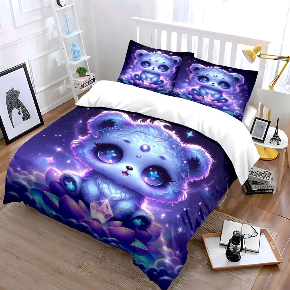 Purple Fantasy Lotus Little Bear with Crystal Print Duvet Cover Set1 Duvet Cover+2 PillowcaseMulti Size Bedroom Bedding Decor