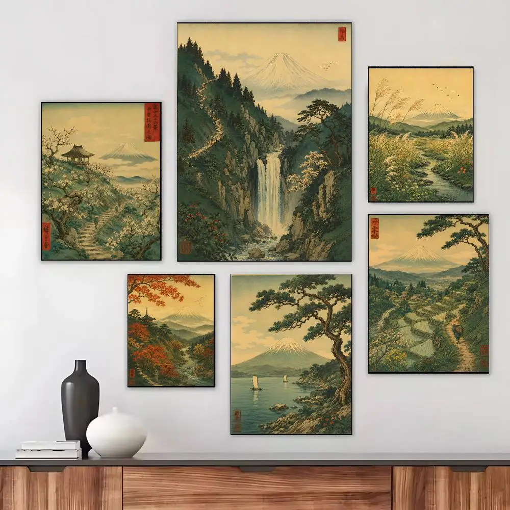 Mount Fuji Japanese ukiyo-e landscape Poster HD Waterproof Self-Adhesive For Living Room Gift Bedroom Hallway Wall Decor