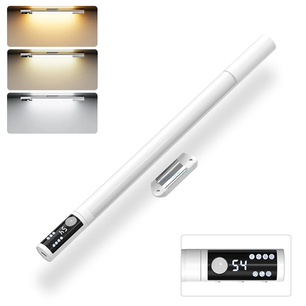 Upgraded Motion Sensor Light 3 Color Adjustable Rechargeable Night Lamp Under Cabinet Light Bar with Digital Screen Easy Install