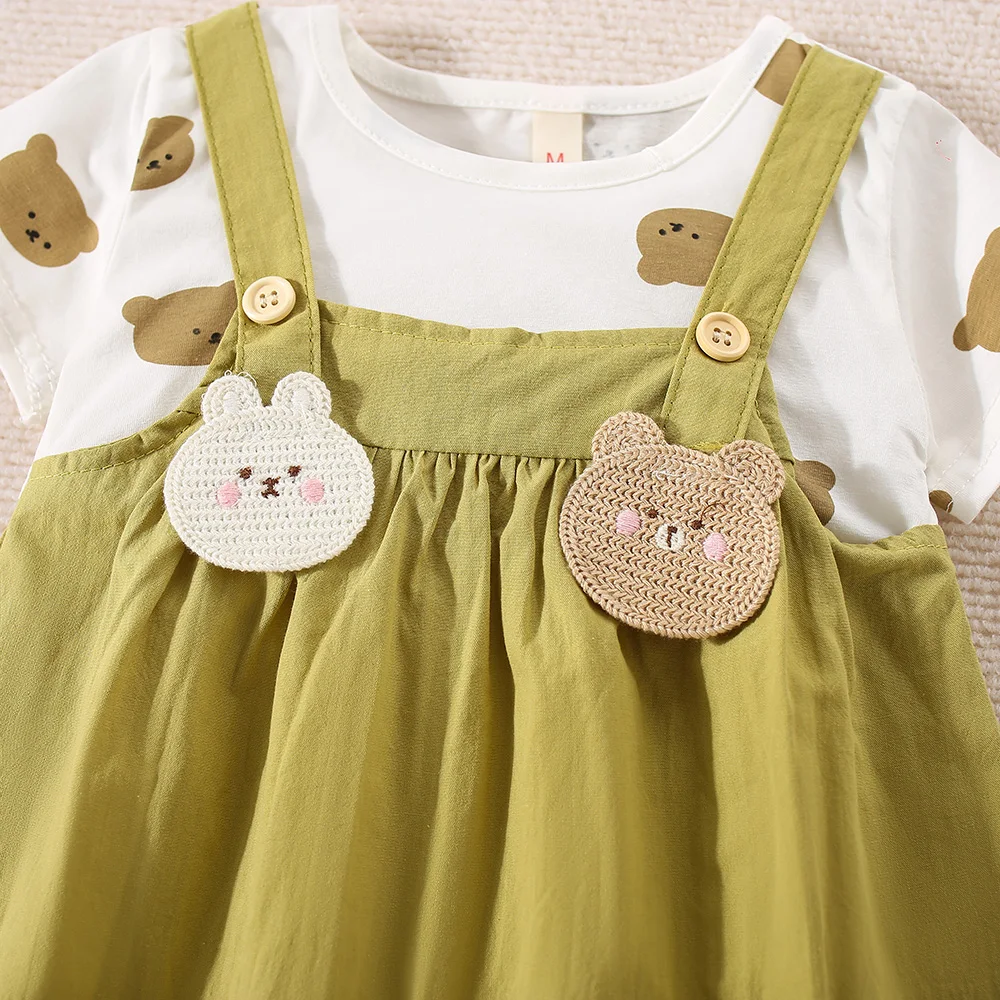 Summer New Girls\' Dress Short Sleeved Cartoon Teddy Bear Dress For Baby Girls Children\'s Spliced Fake Two-Piece Dress