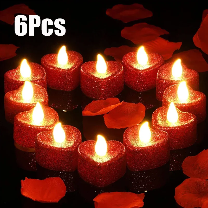 LED Glitter Electronic Candle Light Battery Powered Flameless Heart Shaped Wish Light Romantic Light for Wedding Valentine\'s Day