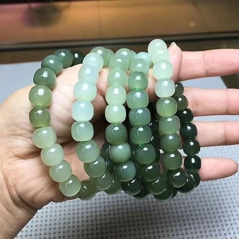 Xinjiang Hetian Jade Green White Lake Water Green Gradient Old Pearl Bracelet  for Men and Women