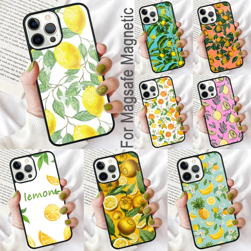 Summer Lemon and Leaf Magnetic Soft Phone Case for iPhone 16 Promax 15 Pro 13 14 Plus 11 12 Mini MagSafe Coque