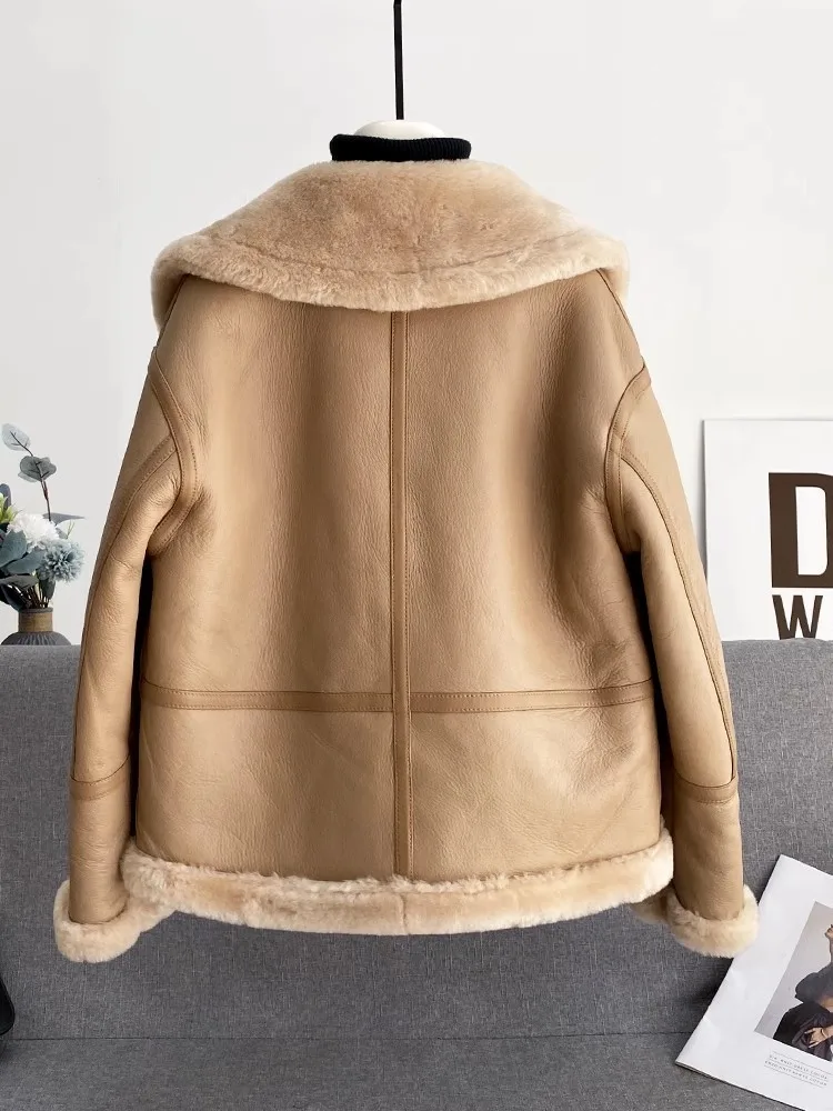 Winter Womens Shearling Coat Warm Wool Liner Genuine Leather Motorcycle Jacket Fashion Square Collar Zip Real Fur Short Overcoat