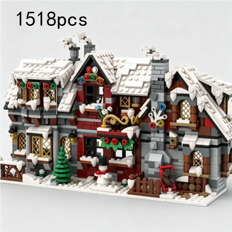 MOC 1518PCS Small Particle Building Blocks Winter Street Scene Architectural Model Toy Ornament House