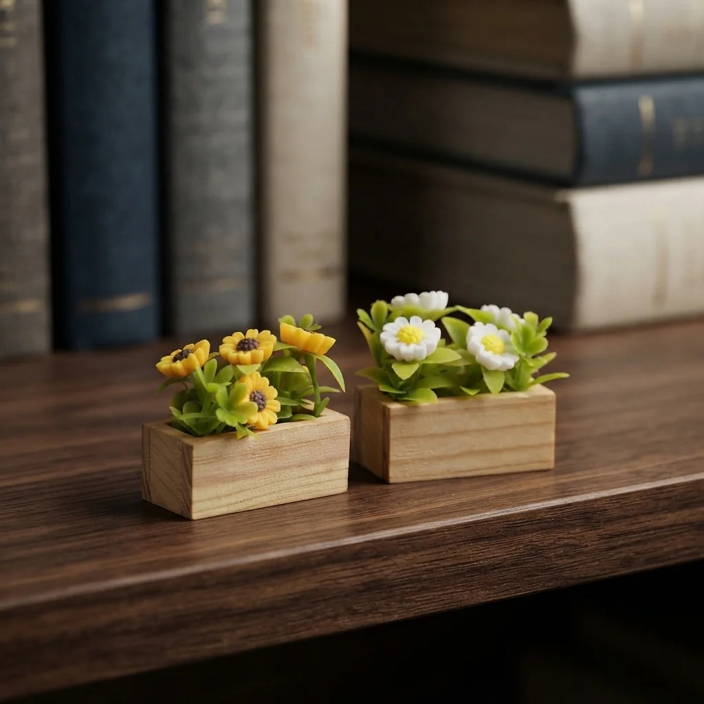 Mini Simulation sunflower Daisy Wooden Box Potted Plant Model House Green Plant Decoration Miniature Scene Shooting Props
