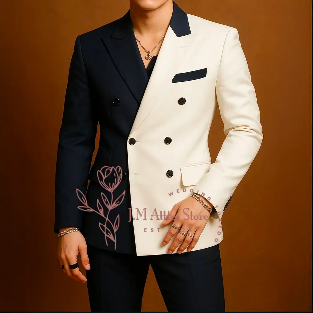 Haute Couture Men's 2-piece Black White Splice Jacket Pants Slimming Set for Wedding Groom Banquet Party Boys' Gift