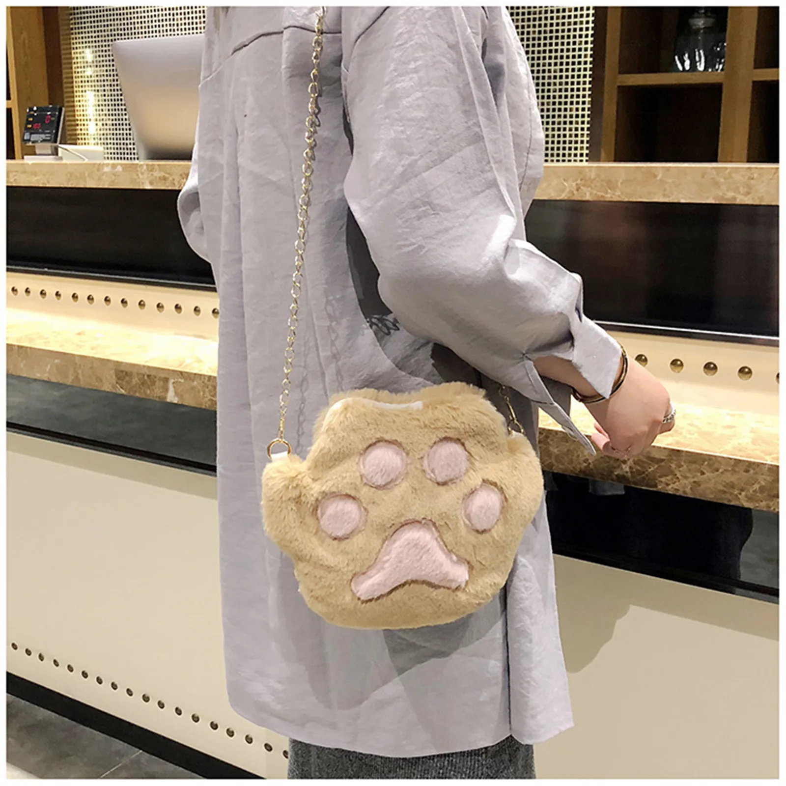 Cute Bear Paw Girls Chain Zipper Shoulder Bag Lovely Children\'s Soft Plush Coin Purse Baby Boys Accessories Small Crossbody Bags