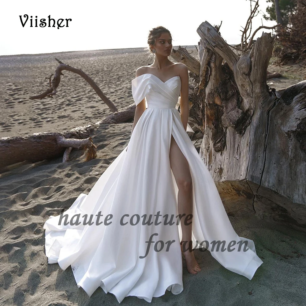 

White Satin One Shoulder Wedding Dresses for Bride A Line Sweetheart Boho Beach Long Bridal Gowns with Slit Train