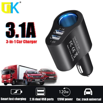 HKGK 3.1A Dual USB 3 in 1 Autolader 3 Poorten 12-24 V Sigarettenaansteker Aansteker Snelle Autolader Power Adapter Auto Styling