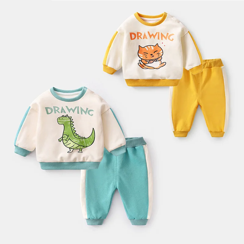 Spring Autumn Babys Boys 2PCS Clothes Set Cotton Cartoon Contrast Sweatshirts Spliced Jogger Pant Infant Newborn Boys Tracksuits