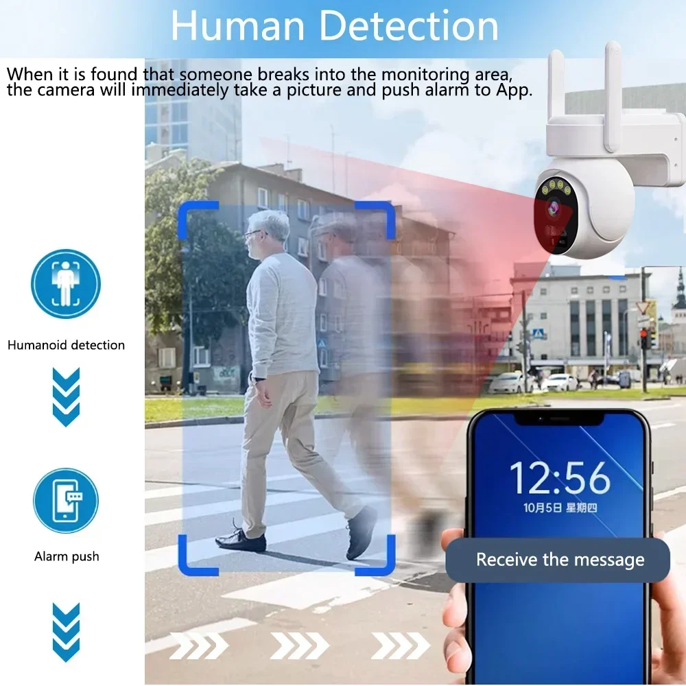 Caméra de surveillance extérieure PTZ IP WiFi 5MP, panneau à faible consommation d'énergie solaire, batterie intégrée, détection humaine PIR, IP66