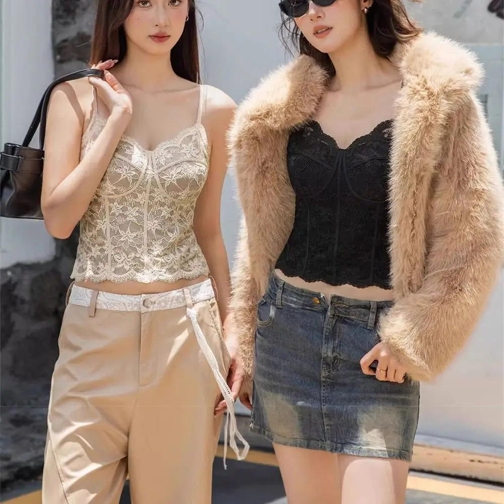 

Mesh Flower Slim Lace Crop Top Bottoming Shirt Summer Girl's Vest Top Sweet Spicy Girls Style Camisole with Pads Women