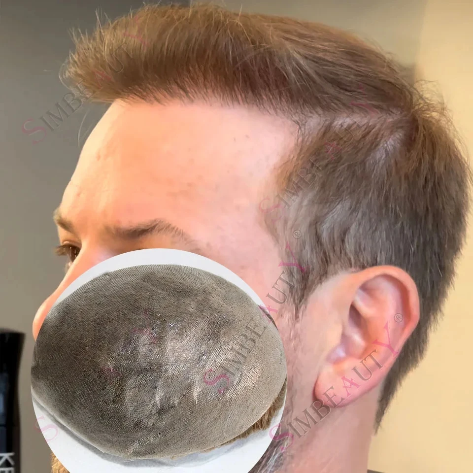 

Мужской парик с естественной линией роста волос, плотность 80%, тонкая микрооснова V-образной формы 0,02 мм # 20 18 # 22R Светлые европейские человеческие волосы для протезирования (серые)