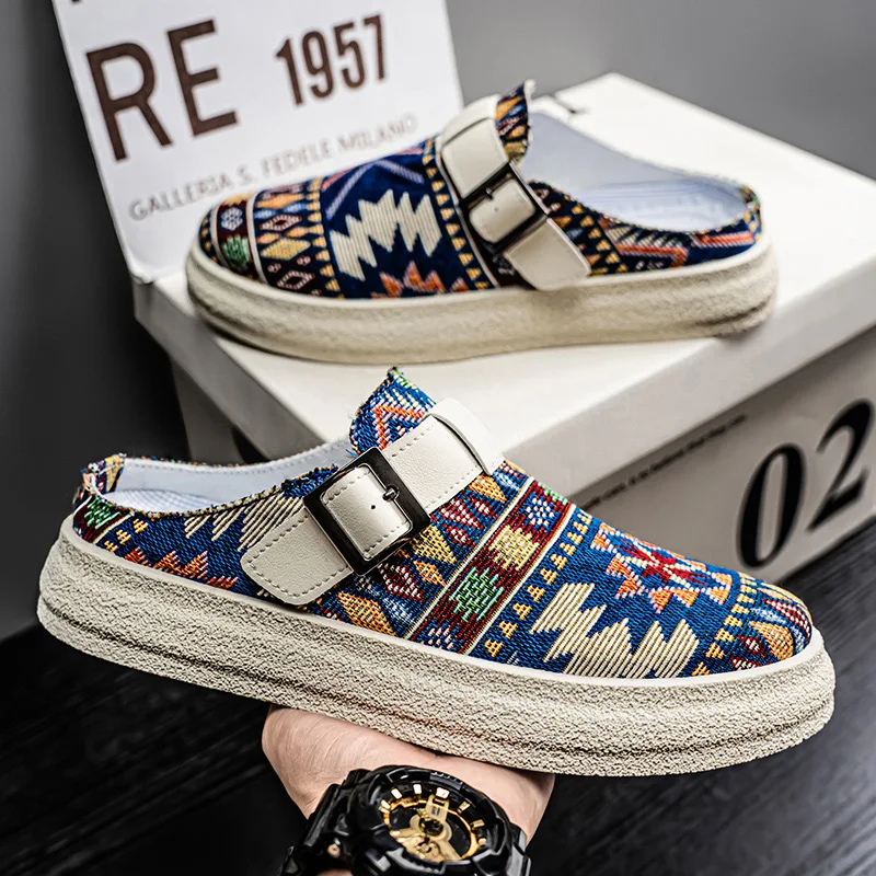 

Мужская обувь, летняя дышащая тонкая ретро-трендовая легкая мужская парусиновая полуприцепа с одной педалью без каблука.