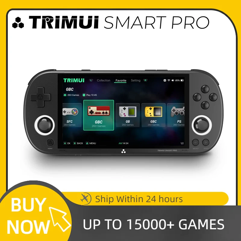 TRIMUI Smart Pro portable game console, featuring a 4.96-inch IPS screen, Linux system, game controller with RGB lighting