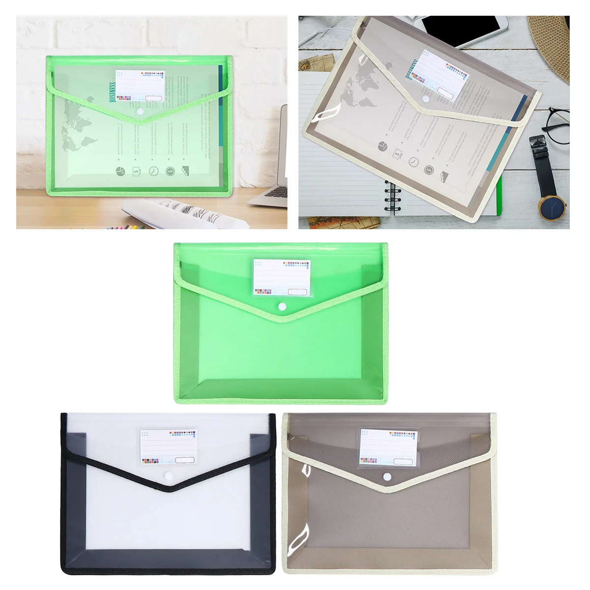 3 Buah Folder Dokumen A4 Tahan Air, Organizer File PVC Transparan, Penyimpanan Kantor, Penutup Kancing, Kantong File, Folder Dokumen