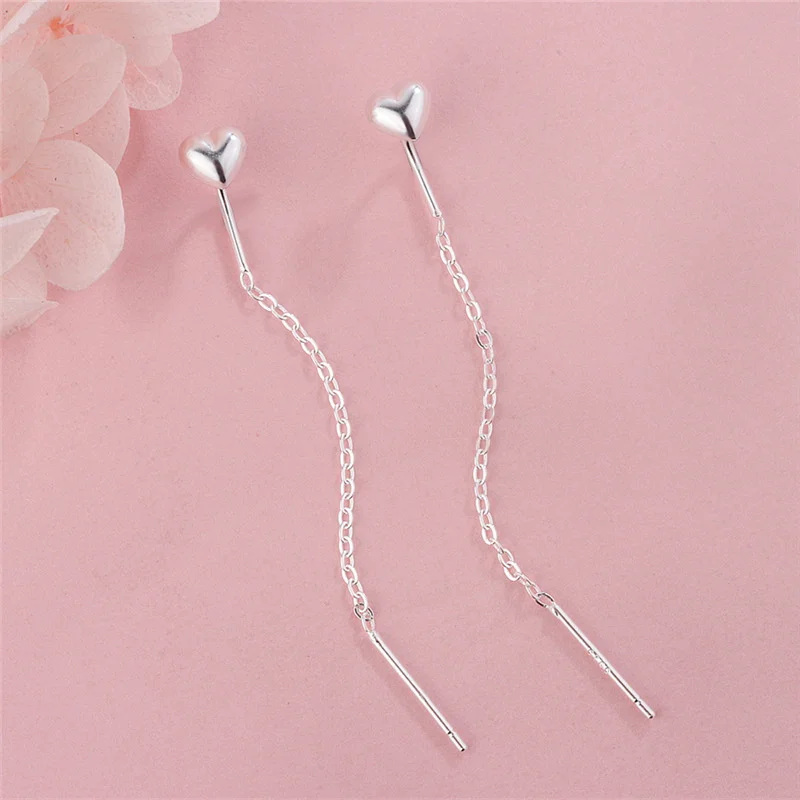 

S925 sterling silver heart ear stud long chain tassel pendant earrings, cute heart-shaped fashion jewelry gift for women