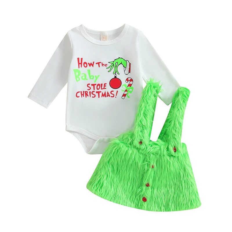 Newborn Baby Christmas Costume Long Sleeve Who Stole Christmas Romper Furry Suspender Skirt Set Green Monster Outfit