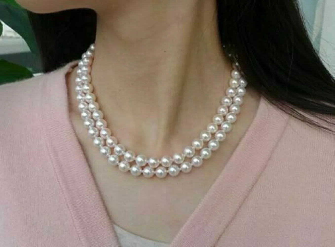 

20 inch double chain AAA 8-9mm natural Akoya white pearl necklace with 14K gold buckle 18inch-36inch