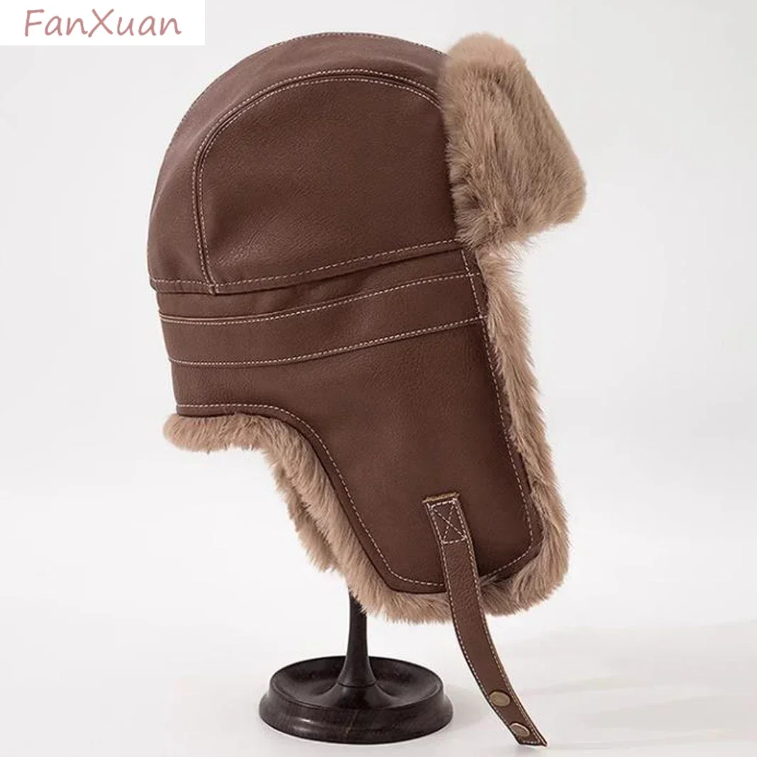 Faux Fur Leather Bomber Hats with Earflaps Trapper Winter Aviator Hat for Men Women Thick Warm Ski Cap Russian Ushanka