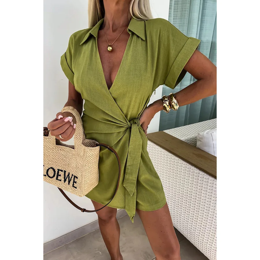 2025 ฤดูร้อนใหม่Lace Upผู้หญิงJumpsuitsลําลองหลวมวันหยุดหญิงJumpsuitกางเกงขาสั้น