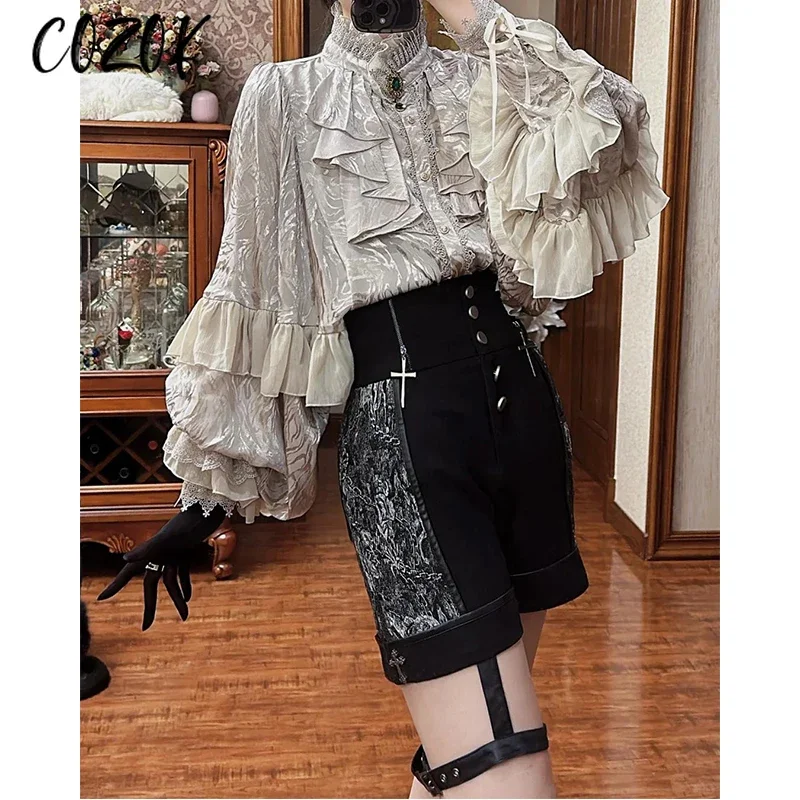 Chemise argentée à manches chauve-souris de style gothique pour femmes, chemisier à manches longues, haut rétro Lolita, nouvelle mode, printemps et automne