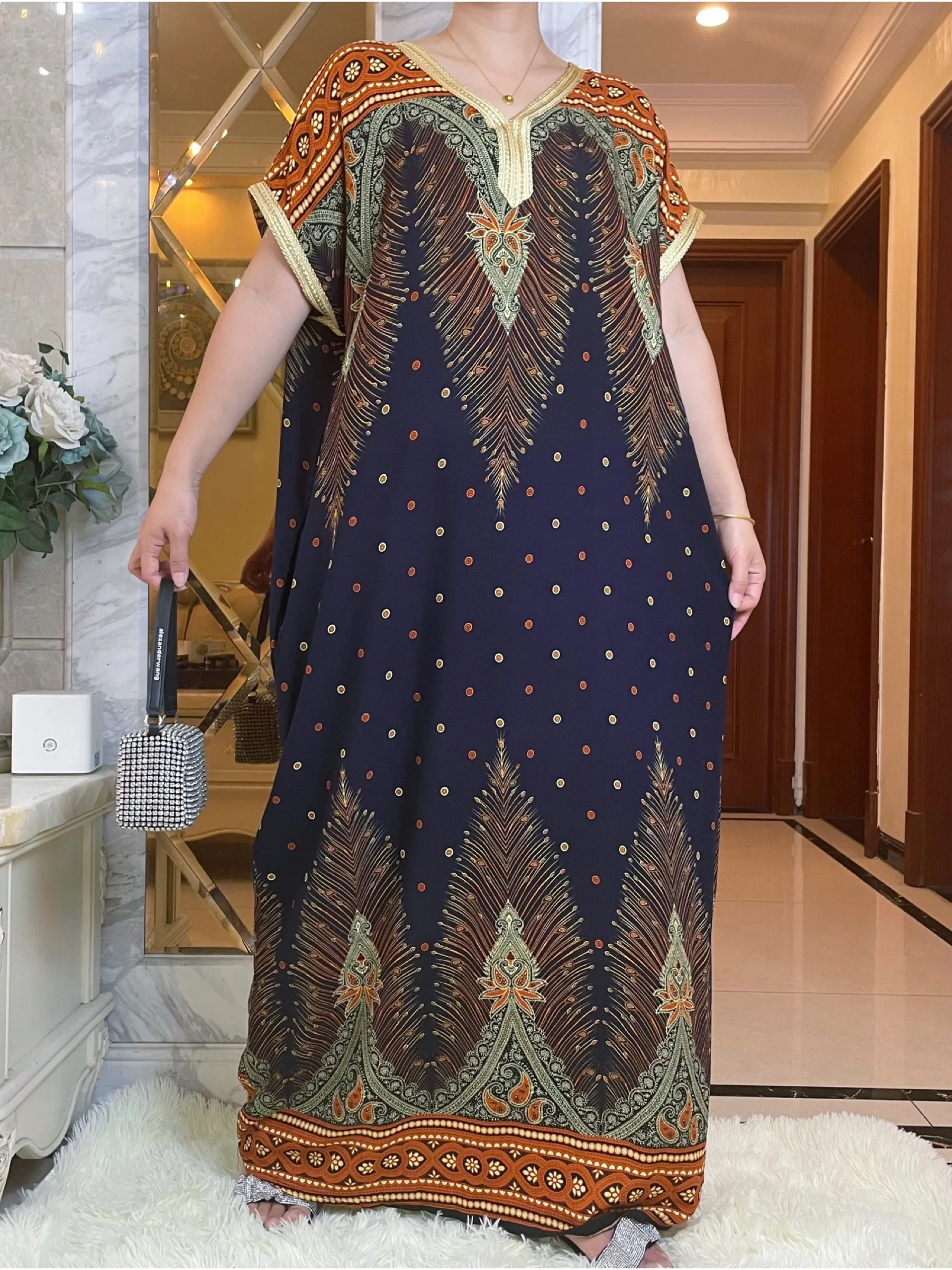 2022New Dubai Style Short Sleeve African Dashiki Floral Printing Cotton Abaya Caftan Elegant Lady Summer Maxi Casual Dresses