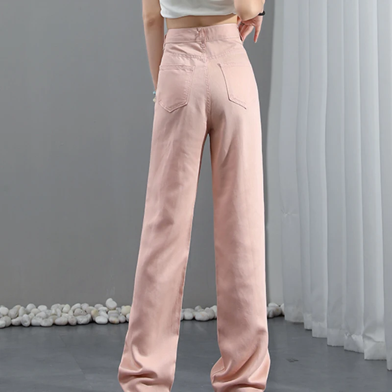 High Quality New Russell Ice Silk Pink Denim Jeans Straight Brand Luxury Floor Dragging Wide Leg Denim Long Female Pants