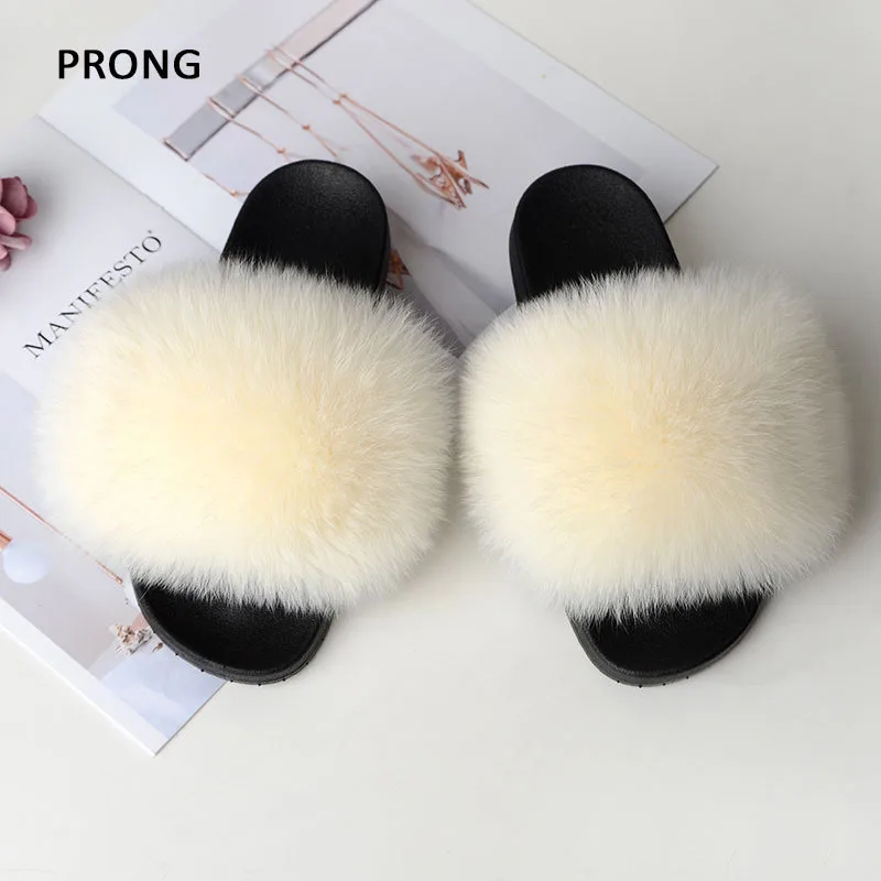 Fluffy Furry Fur Slippers Real Fox Fur Slides For Women Summer PVC Sole Flip Flops Sandals Woman Open Toe Shoes Slippers