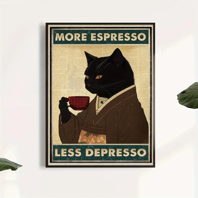 1pc Unframed Vintage Black Cat Espresso Print Canvas Poster, Canvas Wall Art, Artwork Wall Painting Home and Dormitory Decor