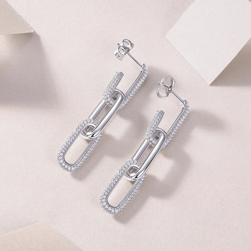 NKHOG 1mm Moissanite Drop Earrings Women 925 Sterling Silver Paperclip Link Ear Studs Gifts Party Fine Jewelry Pass Diamond Test