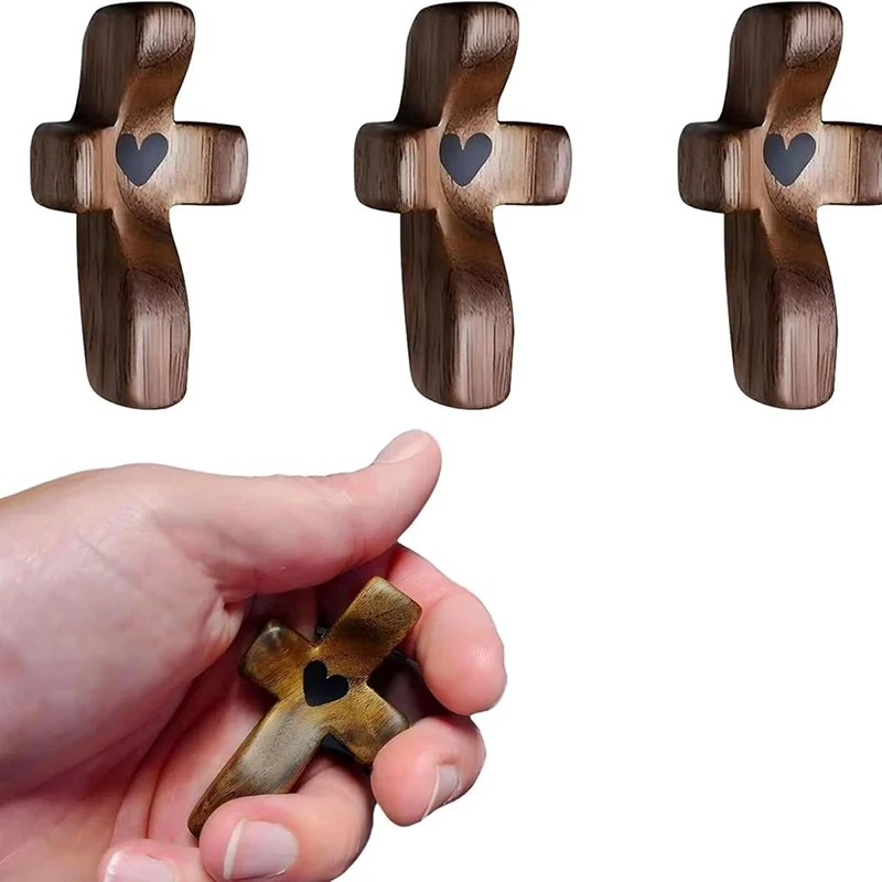 【K】3pcs Wooden Cross Fidget Cross My Heart Pocket Prayer Cross Handmade Wooden Cross Fidget, Encouragement  Gift
