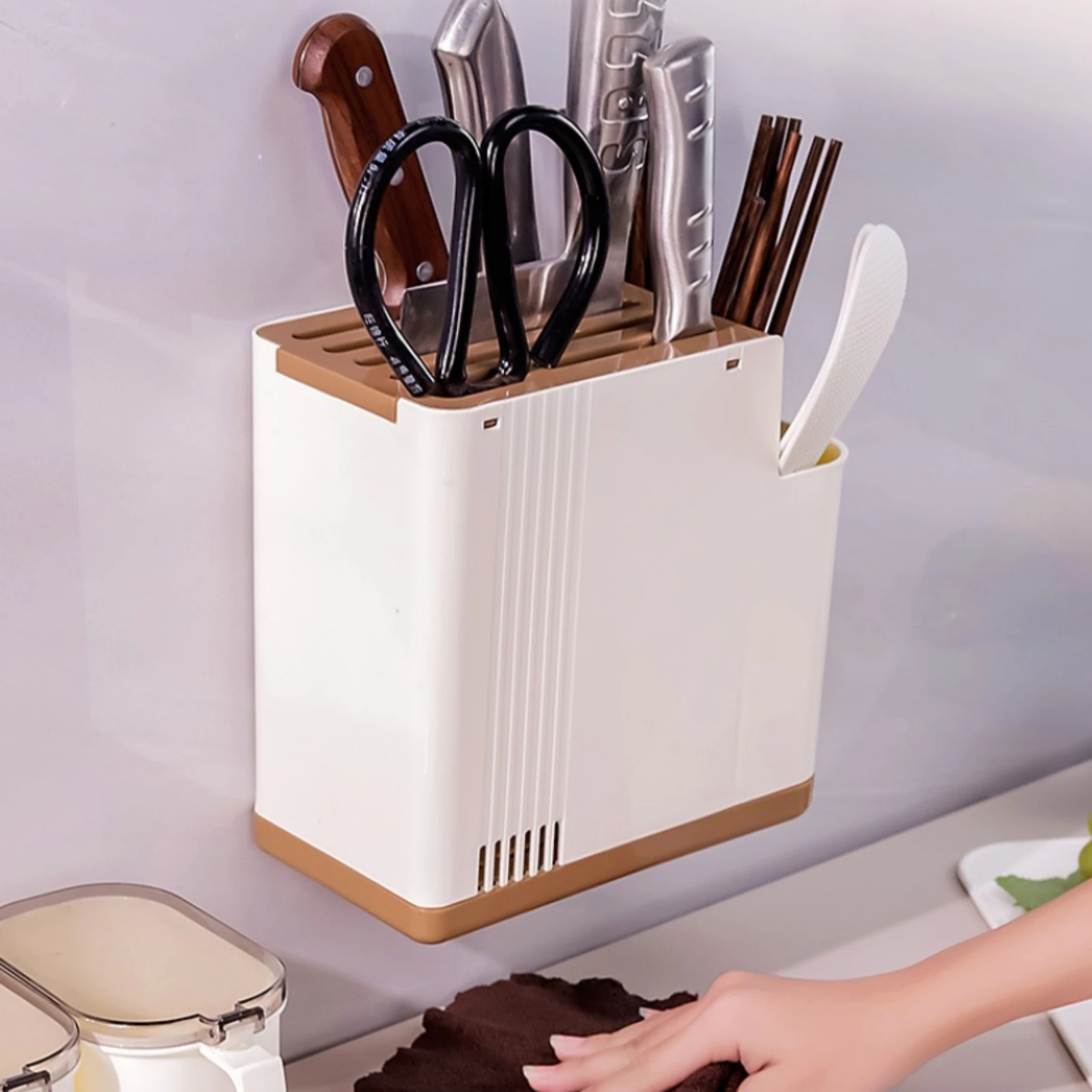 ブレードホルダーと調理器具収納付きオールインワン壁掛けブレードラック-壁掛け調理器具ラック-コンパクトカトラリーオーガナイザー-衛生的