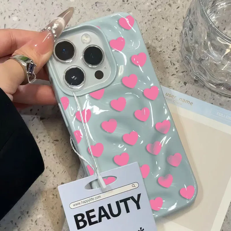 INS Casing Tekstur Lipat Hati Merah Muda Korea untuk iPhone 16 15 14 13 12 11 Pro Max 16 Plus Warna Permen Penutup Belakang TPU Lembut Tahan Benturan