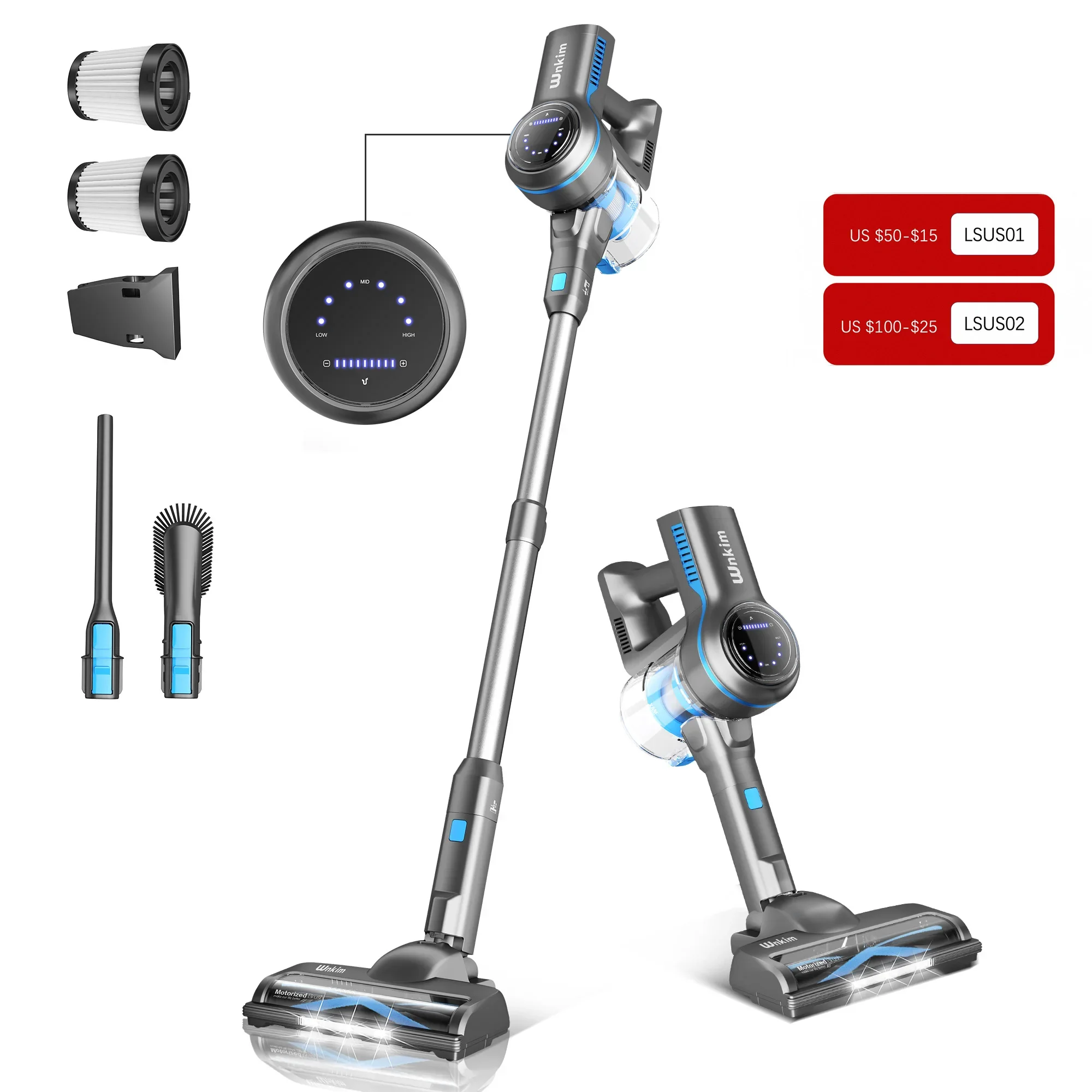 

Cordless Vacuum Cleaner, 25Kpa Stick Vacuum, 45Mins Max Runtime, Free-Standing, 6 in 1 Handheld Vacuumwith Display