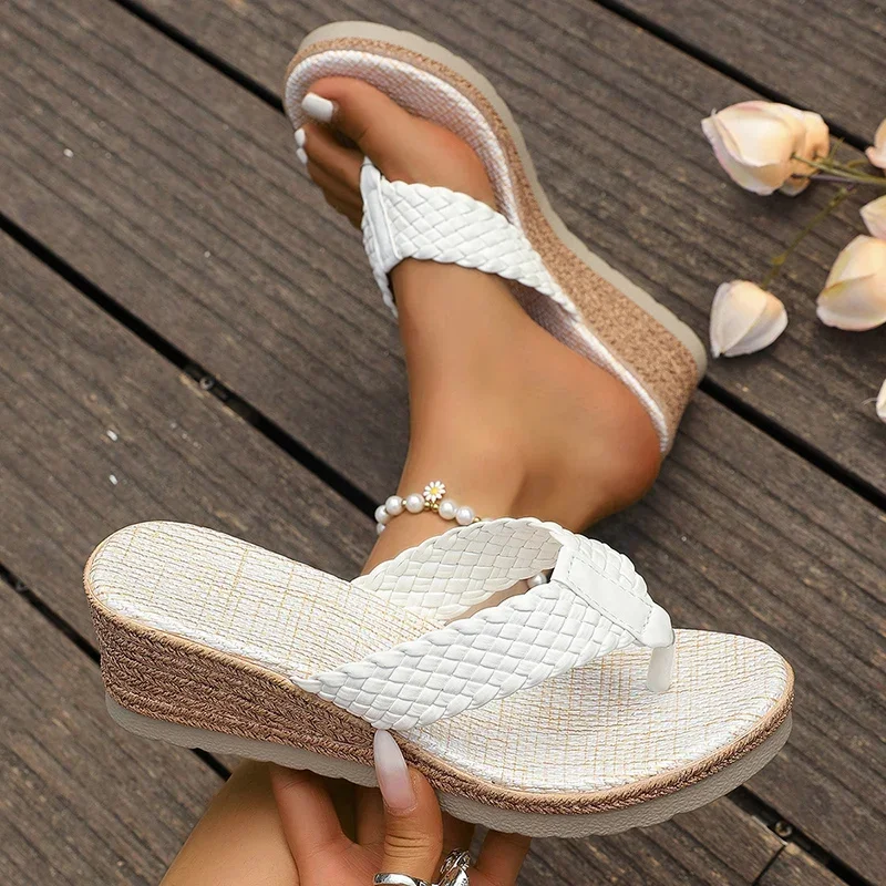 

Women Fashion Flip-Flops Woven Band Wedge Shoes for Women Summer Thick Sole Beach Slippers Woman Lightweight Clip Toe Sandals