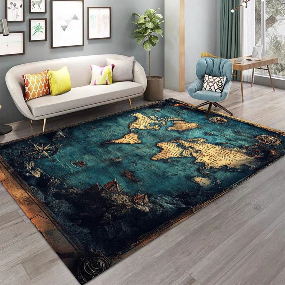 Vintage World Map Carpet Antique Design Large Area Rug Non Slip Floor Mat for Living Room Library Home Decor