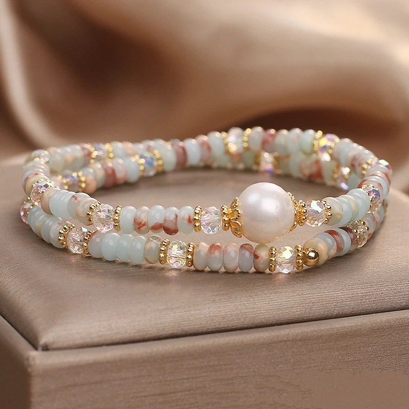 Natural Shoushan Stone Art Retro Forest Series Natural Stone Double Circle Freshwater Pearl Retro Bohemian Bracelet